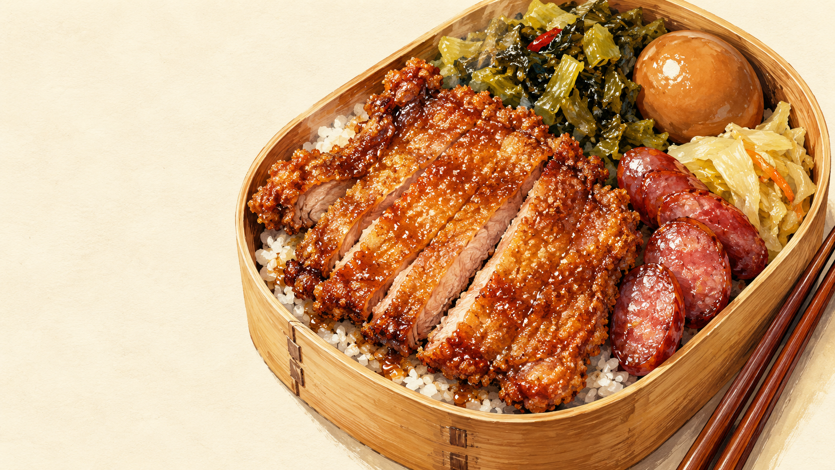 Illustration of an open bento box with pork chop, sausage, greens, egg and rice
