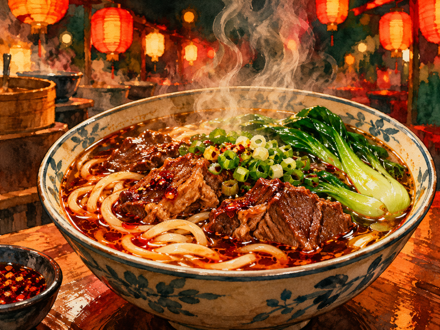 Illustration of a steaming bowl of beef noodle soup with greens